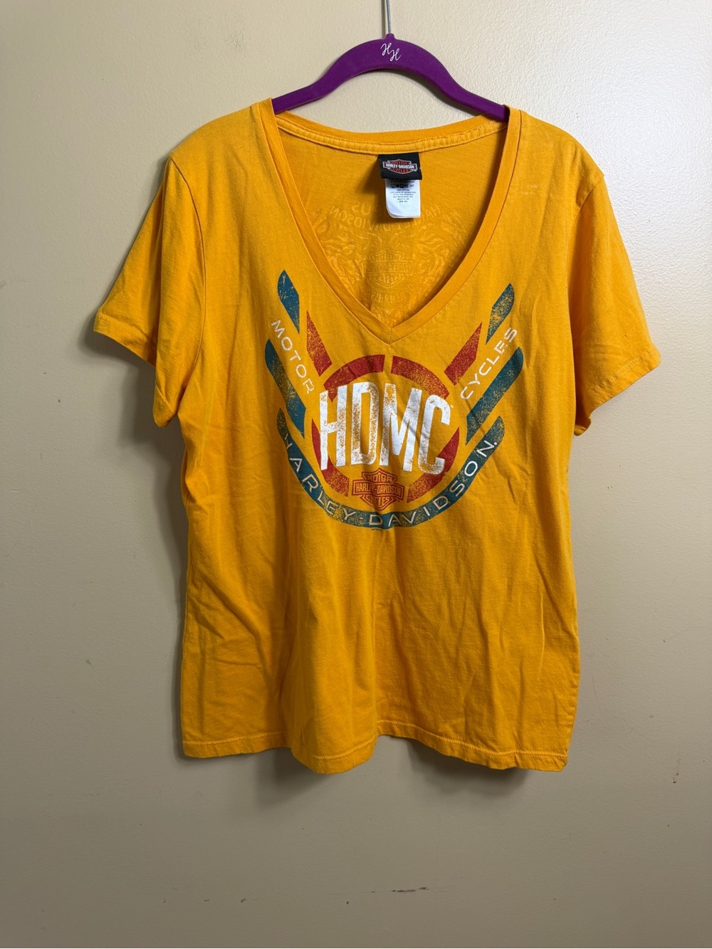Harley Davidson Womens XXL Yellow V-Neck Graphic T-Shirt Bumpus Memphis TN HDMC